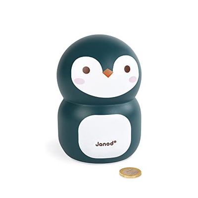 Janod - Penguin Wooden Children’s Money Box 5.9 inch - Children's Room Decoration - Suitable for Ages 3 and Up, J04650