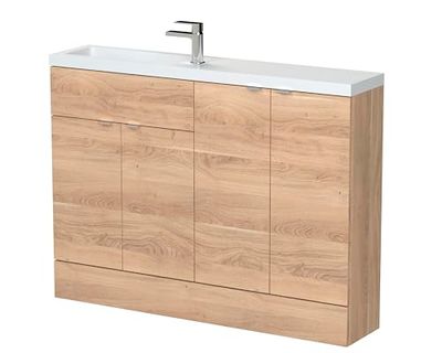 Hudson Reed CBI3025 Fusion Modern Bathroom Floor Standing Vanity Basin and Base Unit Compact Combination Unit, 1200mm, Bleached Oak