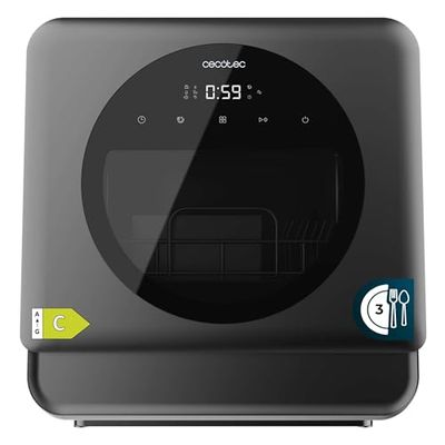 Cecotec Lavavajiillas Compacto Libre Instalación Sobremesa Bolero Aguazero 1150 Dark. 3 Cubiertos, Bajo Consumo, 6 Programas, Touch Control Panel, Funciones como Long Storage y Delay Start, Dark Inox