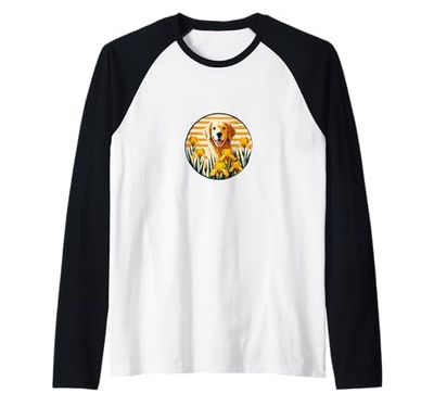 Golden Retriever Arte Iris Fiore Illustrazione Maglia con Maniche Raglan