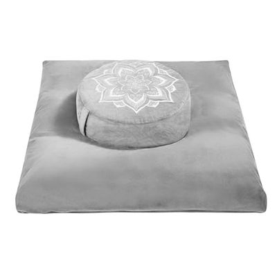 hunnidspace Meditatiekussen met wasbare premium fluwelen hoes, 100% traagschuim, vierkant vloerkussen en boekweitkussen, voor volwassenen en kinderen, zitten, yoga, lezen (zilveren bundel)