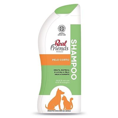 Real Friends | Shampoo per Cani e Gatti a Pelo Corto, Idrata, Distica e Lucida il Pelo Delicatamente, Certificazione ICEA, Made in Italy, Confezione 300 ml