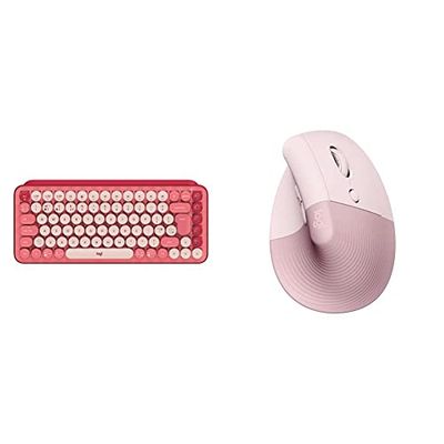 Logitech POP Keys Mechanical Wireless Keyboard with Customisable Emoji Keys, Heartbreaker & Lift Vertical Ergonomic Mouse, Wireless, Bluetooth or Logi Bolt USB receiver, Quiet clicks, 4 buttons, Pink