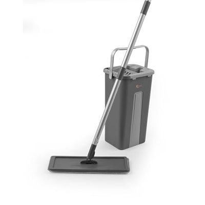 Kleeneze KL028145EU7 100 Years, Set mop a testa piatta e secchio, 2 in 1, con testa girevole e scomparti a doppia azione, raschietto, funzioni di immersione e torsione, pavimenti duri, grigio
