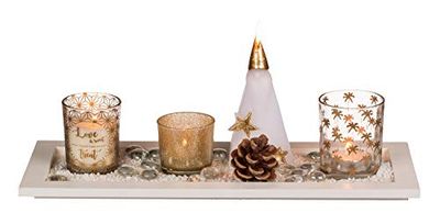 Out of the Blue 950094 Christmas Decoration Set, White Wooden Tray with Tea Light Holders, Tea Light, Candles and Decoration, Approx. 36 x 14 cm