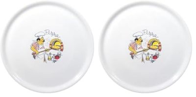 HENDI Assiette à pizza ronde, porcelaine, motif: cuisson des pizzas au four, conviennent pour la lave-vaisselle et les fours à micro-ondes, ⌀330 mm, blanc (Lot de 2)