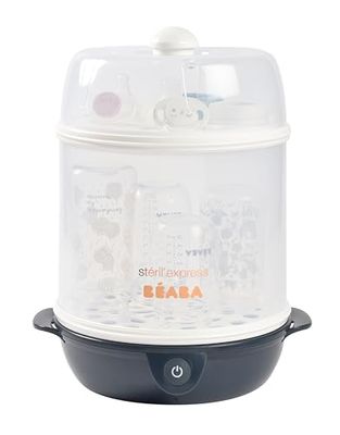 BÉABA, Esterilizador de biberones 2 en 1, Evolutivo, Vapor eléctrico, 2 en 1, 2 compartimentos, hasta 8 biberones y accesorios, Ultra rápido, Temporizador, Steril'Express, Azul noche