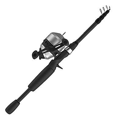 Zebco 33 Spincastrulle och teleskopisk fiskespö-kombination, utdragbar 22,5 tum till 6 fot E-glasfiskespön, storlek 30 rulle, Quickset anti-omvänd fiskerulle med bitvarning, silver/svart