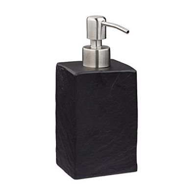 relaxdays Porte-Savon Liquide, 200 ML, Rechargeable, Salle de Bain, Distributeur shampoing, Pompe en INOX, Noir, Polyrésine, 1 élément