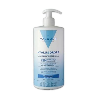 Valquer Hyaludrops Crema idratante per il corpo senza profumo. Lozione per pelli secche e sensibili, fino a 72 ore di idratazione nutriente con acido ialuronico, niacinamide e burro di karité. 700 ml.