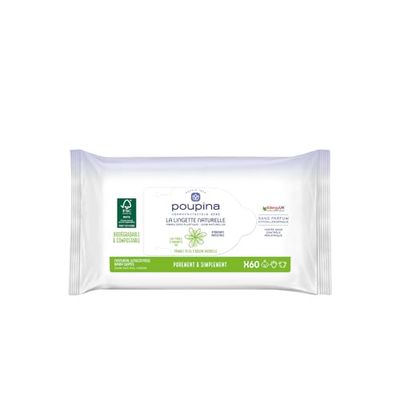 POUPINA - Natuurlijke babydoekjes x60 – zonder parfum, hypoallergeen – hydraterend en beschermend – vezel 0 kunststof en 100% natuurlijk – veganistisch – 99,6% ingrediënten van natuurlijke oorsprong