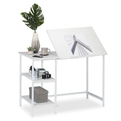 Relaxdays Escritorio reclinable, Tres estantes, Ajustable, Mesa de PC, 75 x 110 x 55 cm, Blanco