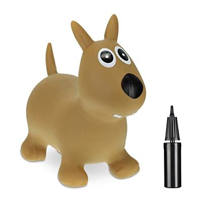Relaxdays Cane Gonfiabile per Bambini, Animale Saltellante, Fino a 50 kg, BPA-Free, Pompa Manuale, Marrone Chiaro
