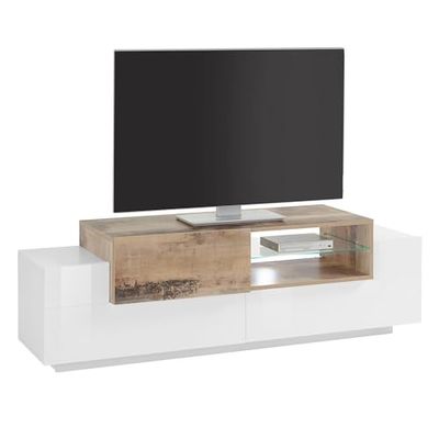 WHOUS - Mobile Porta Tv Da Terra CORONA 160 - Mobile Tv Bianco/Acero in Melaminico - Supporto Tv da Pavimento con Piano TV in Rilievo, 3 Ante e Vano a Giorno - Mobile Soggiorno Moderno Made in Italy
