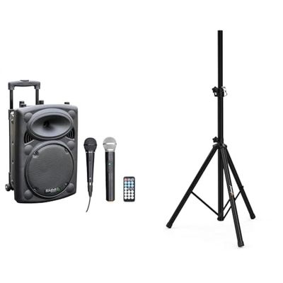 Ibiza - PORT10VHF-BT - Altavoz portátil 10"/500W MAX con 2 micrófonos (con Cable y VHF) & Audibax Neo 131 - Soporte Profesional para Altavoces - Trípode para Altavoces - Trípode Extensible