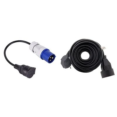 Electraline 20848043M Adaptateur pour caravanne, Bleu & Prolongateur 16A 2P+T HO5VV-F 3G1,5mm² Noir 5m