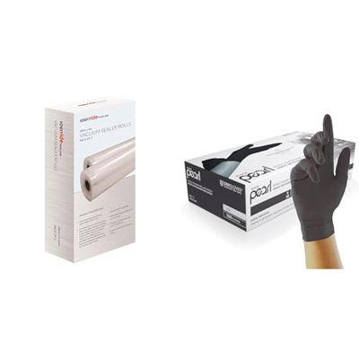 SousVideTools | Vacuum Sealer Rolls Pack of 2 | 28 cm x 6 m | Embossed Plastic Food & Unigloves Black Pearl Nitrile Examination Gloves - Multipurpose, Powder Free and Latex Free Disposable Gloves