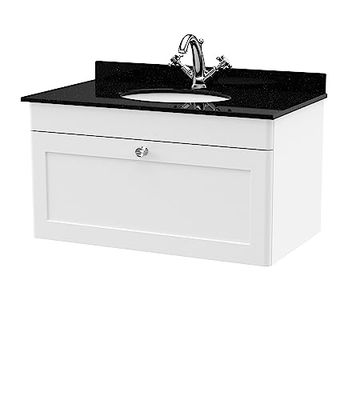 nuie CLC196BR1 Classique Wall Hung 1 Drawer Unit & 1 Tap Hole Marble Worktop with Round Basin, 800mm, Satin White/Black
