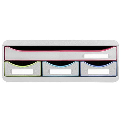 Exacompta - Réf. 319913D - Toolbox mini caisson individuel à 4 tiroirs pour ranger les petits ustensiles - Dimensions extérieures : Profondeur 27 x largeur 35,5 x Hauteur 13,5 cm - Blanc/arlequin