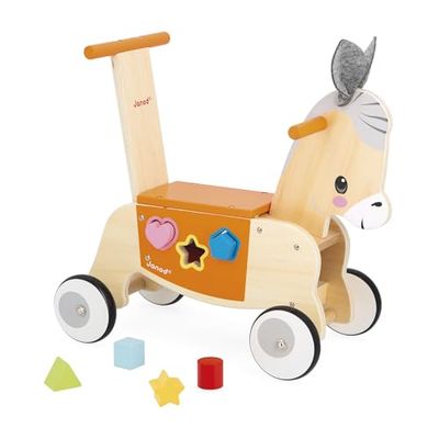 Janod- Ane Carro Asno con Caja de Formas Integrada-Función Trotador-Ruedas Silenciosas-Entrenamiento del Equilibrio y la Motricidad-Juguete de Madera-A Partir de 12 Meses (JURATOYS J03325)