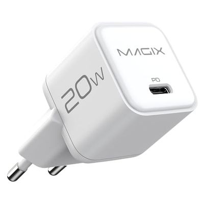 Magix Caricatore 20W NANO, Caricabetterie USB-C GaN PD Power Delivery Per iPhone 15/15 Plus/15 Pro, 14/13/12-Mini/Pro/Pro Max/SE, AirPods Pro, iPad Pro, Galaxy(EUR PLUG)(BIANCO)