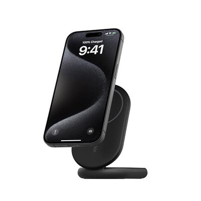Belkin BoostCharge MagSafe Charger, Magnetic Foldable Wireless Charging Stand 15W, MagSafe-Compatible Portable Fast Charger for Qi2, iPhone 16, 15, 14, 13 & 12 Series, Stand by Mode Ready - Black