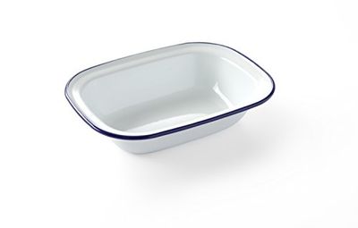 HENDI Piatto rettangolare, in acciaio smaltato bianco, con bordo blu, vassoio, fontana, teglia da forno, per campeggio, escursioni e picnic, 215x160x(H) 48mm
