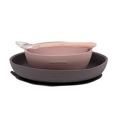 Nattou Set Repas en Silicone pour Enfants, 3 Pièces, 1 Cuillère, 1 Assiette, 1 Bol, Antidérapant, Sans BPA, Silicone, Rose/Violet