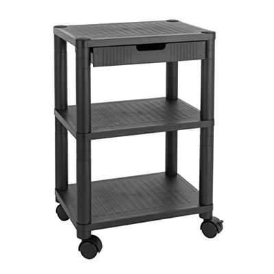 Baroni Home Bureaukast met wielen en lade met drie planken, rolwagen met planken van kunststof, standaard met legplank voor printer, zwart