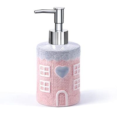 Dispensador de jabón, dispensador de jabón de cerámica de 12 onzas con Bomba Plateada, dispensador de jabón líquido Decorativo con diseño de casa Rosa para baño, Cocina Premium, como Regalo para
