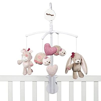Nattou Móvil con caja de música Nina, Jade y Lili, suave canción de cuna «La-Lu», 48 x 7 x 15 cm, beige, rosa y blanco