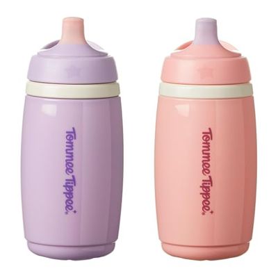 Tommee Tippee Vaso Isotérmico con Boquilla, 266ml, Botella de Agua Antigoteo para Niños a Partir de 12 Meses, con Aislamiento para Mantener la Bebida Fría, Rosa y Morado, Pack de 2