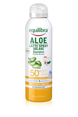 equilibra Solari, Aloe Latte Spray Solare Bambini Spf 50+, Latte Solare per Bambini con Aloe Vera, Olio di Cocco e Argan, Vitamina E, Protegge da Scottature e Eritemi Solari, Water Resistant, 150 ml