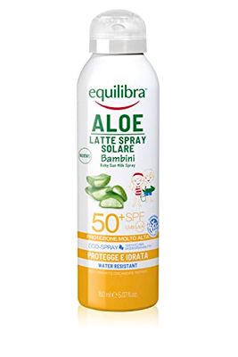 Equilibra Solari, Aloe Latte Spray Solare Bambini Spf 50+, Latte Solare per Bambini con Aloe Vera, Olio di Cocco e Argan, Vitamina E, Protegge da Scottature e Eritemi Solari, Water Resistant, 150 ml