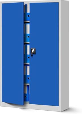 Jan Nowak Armoire de Bureau Métallique C001II 4 Etagères Tôle d'acier Portes Battantes Verrouillable 185 cm x 115 cm x 40 cm (Gris/Bleu)