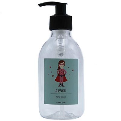Susiko | Super Girl Eroe | Misure 15 x 5 cm | Capacità 250 ml | Peso 40 gr | Barattolo trasparente PET con dosatore nero | Packaging in bella scatola Kraft