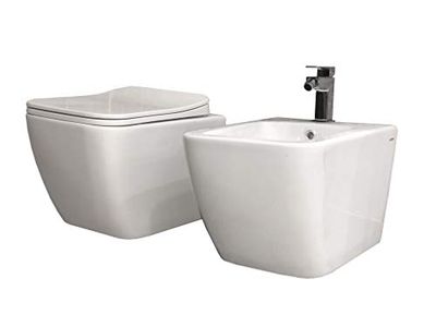 Coppia Sanitari Sospesi Rimless Senza Brida Squadrata Dimensioni Ridotte Coprivaso Soft-Close