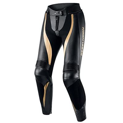 REBELHORN Rebel Lady lederen motorbroek voor vrouwen, knie- en heupbeschermers met kevlar-versterking, ventilatie, elastische panelen, zwart/goud, 36