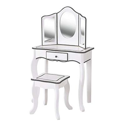 WOOMAX-85389 Teamson 85389 Coiffeuse en Bois avec Tabouret et Miroir pour Fille, Centre de beauté avec tiroir, Jouets éducatifs pour Enfants de 3 Ans, Gris, M