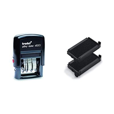 Trodat Date Stamp Printy 4820 Self-Inking, Months in Letters, Characters 4mm, Imprint Black, 89x68x28 mm, 055581 & Replacement Ink Pads 6/4911 - Pack of 2 - Black Ink