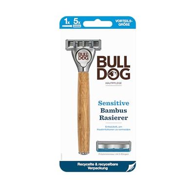 BULLDOG - Golenie na mokro dla mężczyzn | Sensitive golarka z bambusowym uchwytem | golarka + 4 ostrza zapasowe | 5-krotne ostrze
