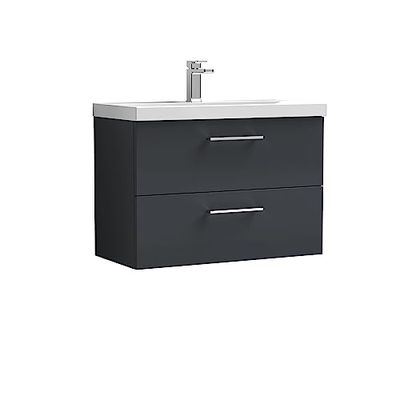 nuie ARN1426A Arno Wall Hung 2 Drawer Vanity Unit & Mid-Edge Ceramic Basin, 800mm, Soft Black, Small