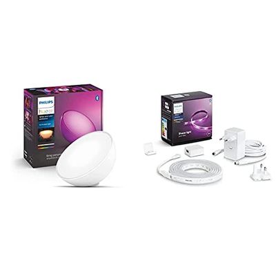 Philips Hue Go Lámpara de Mesa Inteligente LED, Bluetooth, Luz Blanca/Color + Lightstrip Tira Inteligente LED 2 m, Bluetooth, Luz Blanca/Color, Compatible con Alexa y Google Home (incl. alimentador)