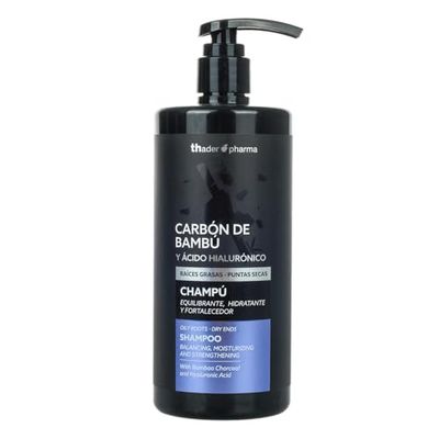 Thader Pharma Shampooing équilibrant au Charbon de Bambou et Acide Hyaluronique, idéal pour les racines grasses et les pointes sèches, 750 ml