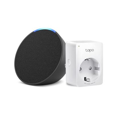 Echo Pop | Antracite + TP-Link Tapo Presa intelligente, compatibile con Alexa - Kit di base per Casa Intelligente