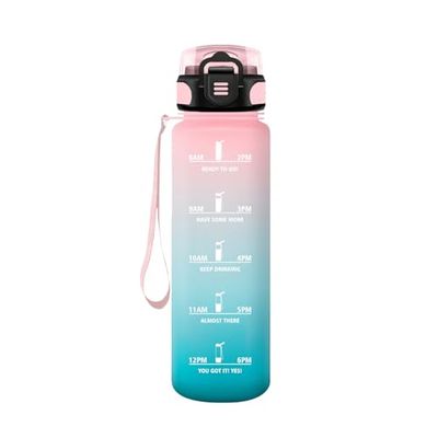 HoneyHolly Sportvattenflaska, 1 000 ml, läckagesäker plast, vattenflaska, lämplig för kolsyra, sportflaska för cykel, barn, skola, fitness, yoga, rosa cyan