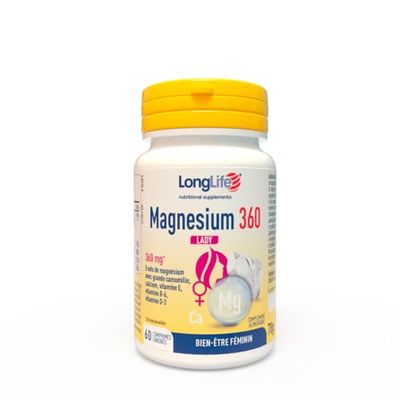 LongLife® Magnesium 360 Lady | Troubles menstruels et ménopause | 5 sels de magnésium à haute biodisponibilité | Extrait de grande camomille, calcium, vitamines E, B6 et D3 | Sans gluten