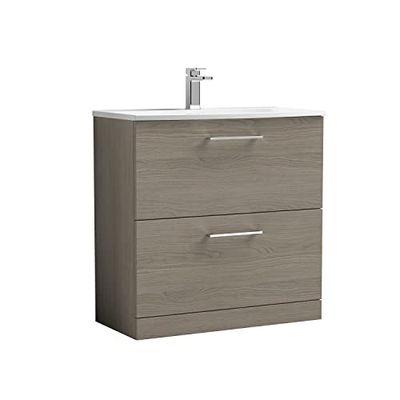 nuie ARN2535G Arno Modern Bathroom Floor Standing 2 Drawer Vanity Unit with Curved Ceramic Basin, Solace Oak