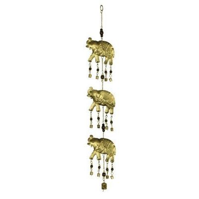 Móvil Colgar de Metal con Elefantes y Campanas Color Dorado 80x13x2 cm
