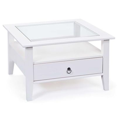 Inter Link - Mesa baixa de madeira maciça- Pinho maciço - com tampa de vidro - 1 gaveta tingida de branco - 115 x 60 x 45 cm - Provence 1